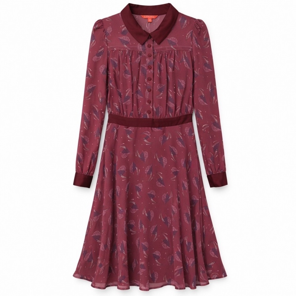 ModCloth Burgundy Leaf Print Collared Long Sleeve Fit & Flare Dress M
